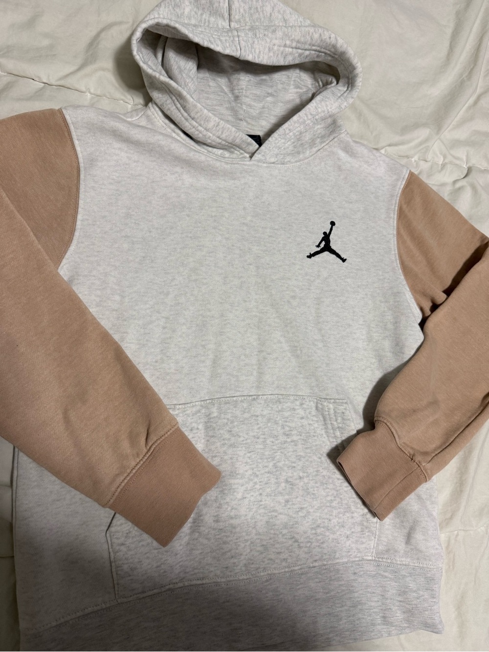 Jordan Crewneck Hoodie in Light Gray with Tan Sleeves